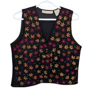 Vintage Black Floral Embroidered Button Up Wool Blend Vest Women's Medium
